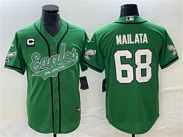 Men's Philadelphia Eagles #68 Jordan Mailata Green With C Patch Cool Base Stitched Baseball Jersey